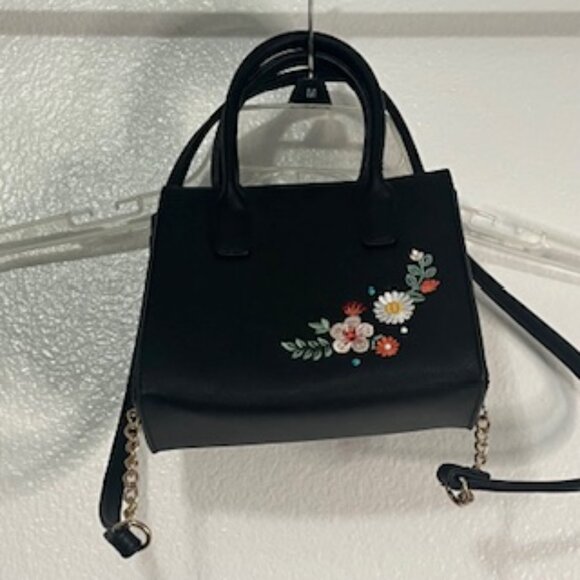Embroidered Black Mini Crossbody Purse Flowers Handles Faux Leather Bag - Picture 4 of 10